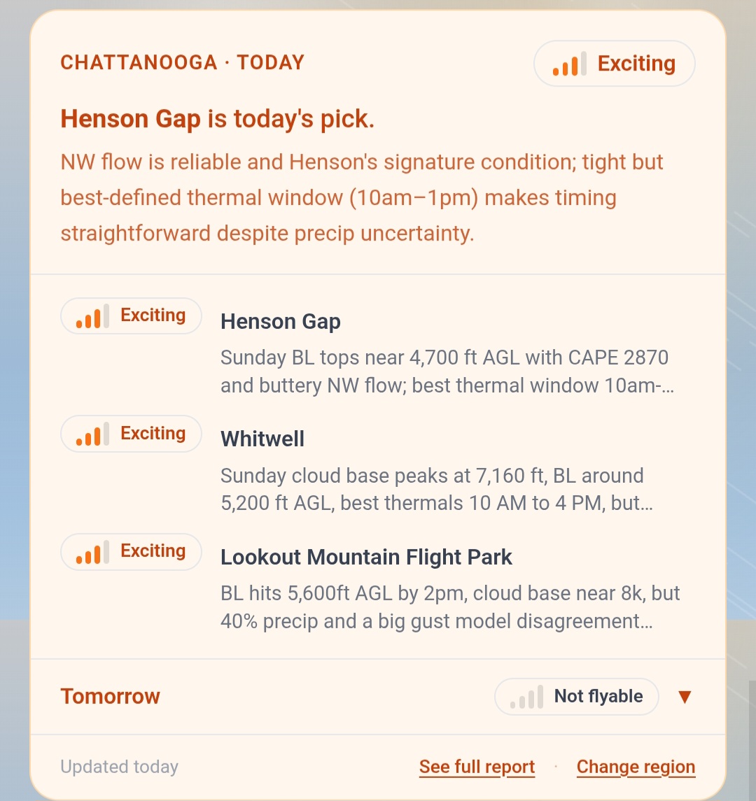 TowMeUp dashboard forecast card: Henson Gap is today's pick for Chattanooga, rated Exciting, with ranked calls for Henson Gap, Whitwell, and Lookout Mountain Flight Park